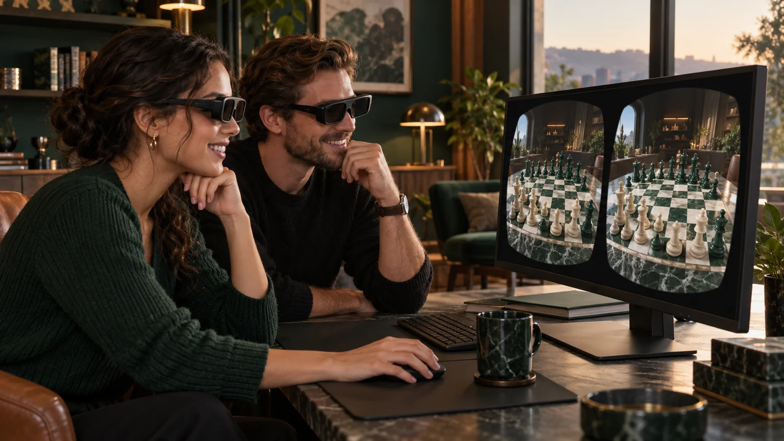 Two people wearing 3D viewing glasses, playing chess on a screen with side-by-side views.